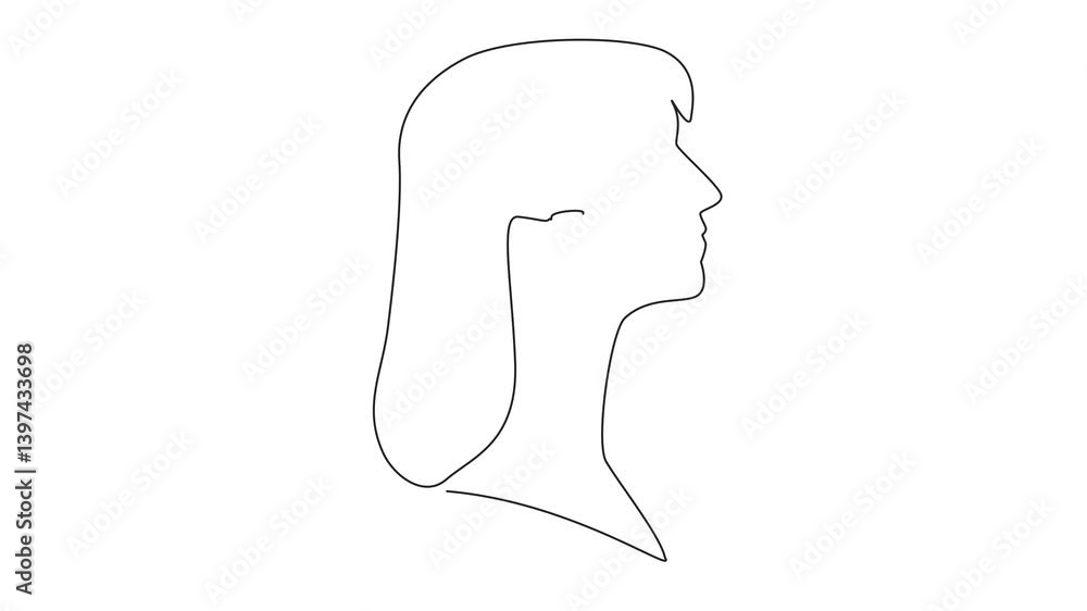 Poster self drawing animation of continuous one line drawing the head of a woman with a piggy bank in the m