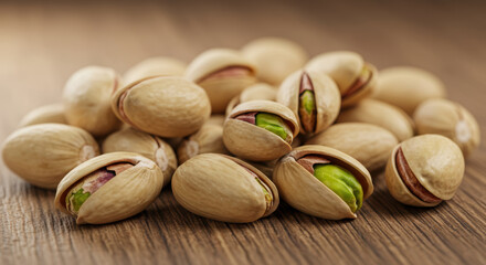 Freshly cracked pistachios piled on a wooden surface, ready to be enjoyed.
