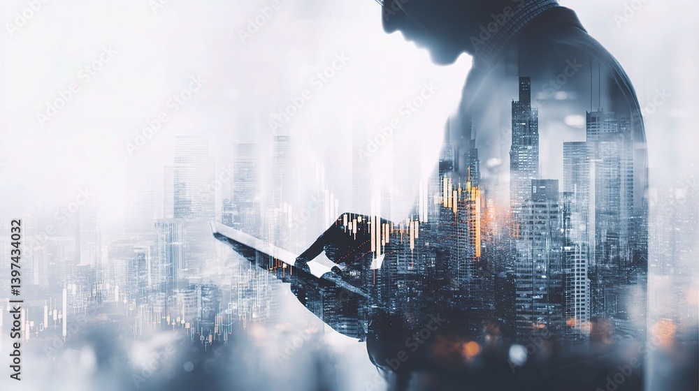 Poster dynamic cityscape background with double exposure effect