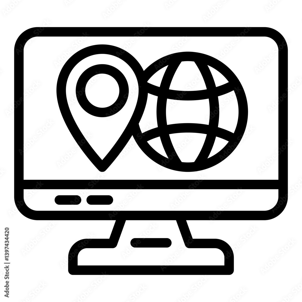 Poster monitor with globe and location pin line icon, world delivery concept. vector graphics. display with