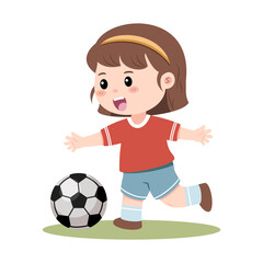 A happy little girl is playing football, kicking the ball with a joyful expression on a patch of green. Vector illustration.
