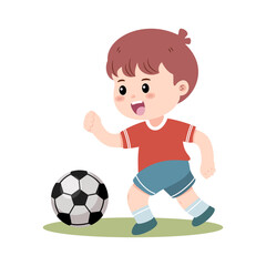 A cheerful young boy is actively playing football, running with excitement towards the ball on a patch of green. Vector illustration.