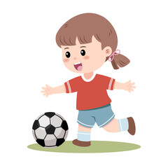 A cheerful little girl is actively playing football, about to kick the ball with a happy expression on a patch of green. Vector illustration.
