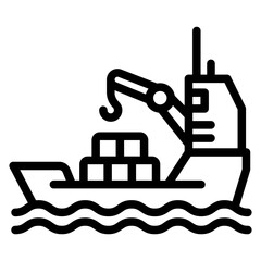 Cargo containers on vessel line icon, water transport concept. Vector graphics. Ship with crane, shipping sign on white background, style mobile or design.