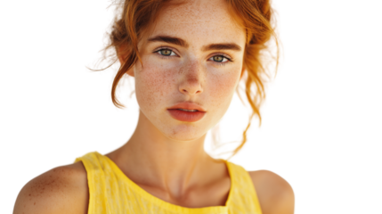 Charming young woman with freckles, sleeveless lemon-yellow summer top, playful look, high-resolution image, white background PNG, no hands, waist-level portrait