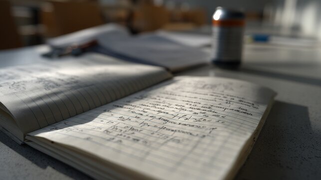 An open notebook filled with handwritten notes is bathed in warm light, depicting a moment of study and reflection.