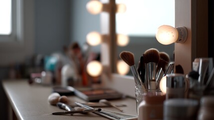 A neatly arranged vanity table with makeup brushes and cosmetics, softly illuminated by warm light, inviting the start of a morning beauty ritual.
