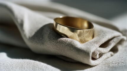 Soft, golden napkin ring on folded linen bathed in light captures a moment of understated elegance and tactile warmth.