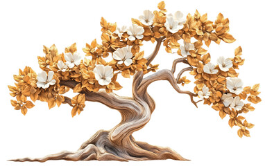 A mystical tree with golden leaves and glowing blossoms, embodying beauty and renewal Isolated on transparent background.