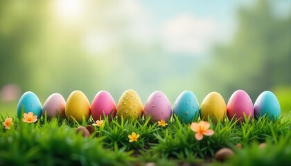 Fototapeta premium Colorful easter eggs in grass spring holiday celebration