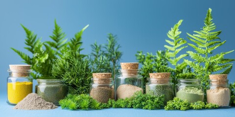 Assortment of herbs in biodegradable pots placed on neutral surface with blue background representing sustainable plant growth and indoor gardening concept in natural eco friendly setup