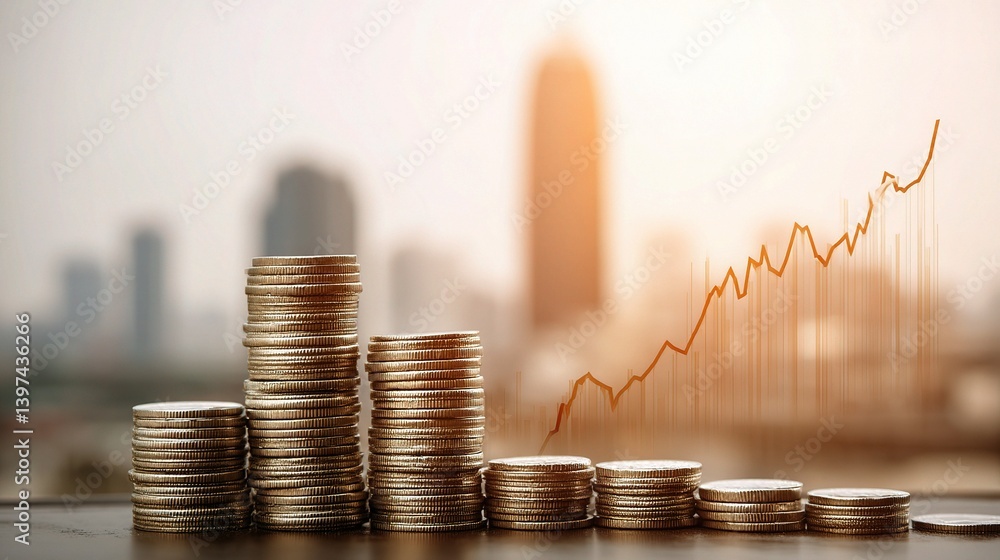 Poster stack of coins with business graph and chart on blurred background