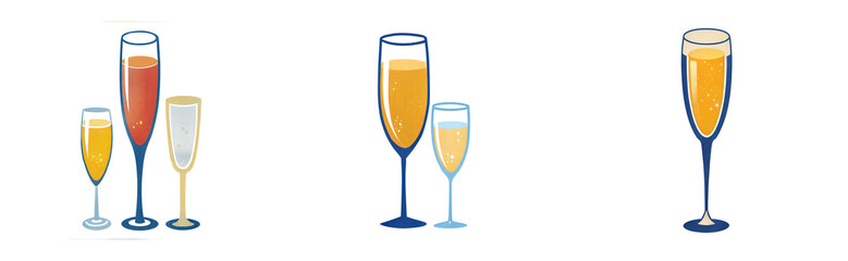 Stylized champagne flutes with colorful drinks in modern design, cut out - stock png