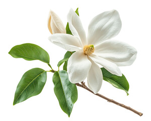 White Magnolia Blossom with Green Leaves on Transparent Background, PNG