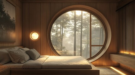 Fototapeta premium Designer cabin bedroom with natural textures, top-down view of the interior showing loft bed, clean wooden surfaces, a glowing forest behind a foggy round window, subdued color scheme.