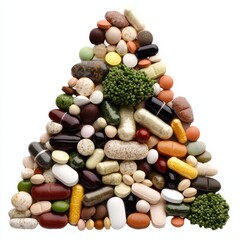 Pyramid shaped food and supplement stack made of legumes nuts and greenery symbolizing natural food hierarchy health priorities and dietary sustainability