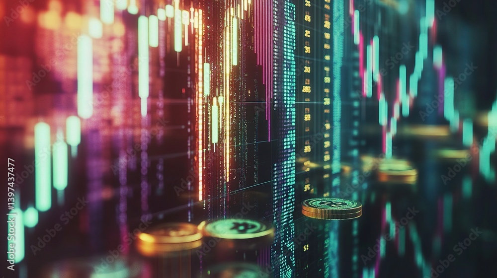 Aufkleber double exposure financial graphs with rows of coins visualization