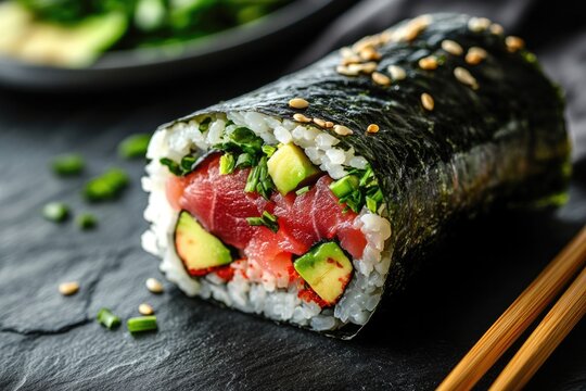 Fresh sushi roll featuring vibrant colors and rich textures, gar