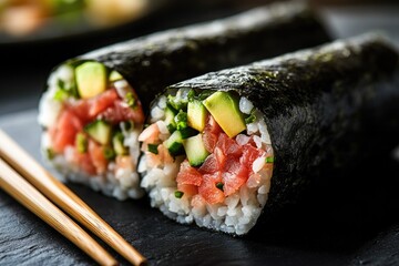 Delicious sushi rolls showcasing vibrant fillings wrapped in sea