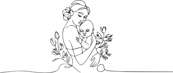 Mother and baby line art vector illustration, new mothers day celebration background 