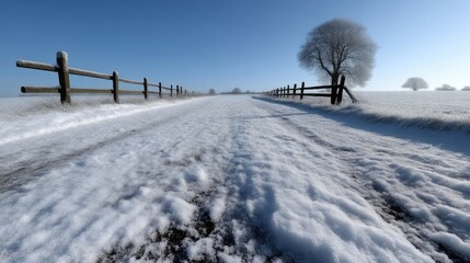 Snowy country road with wooden fence under a clear blue sky.  A tranquil winter scene
