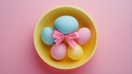 Easter top view eggs photo. Pink, blue, yellow eggs with bunny ribbon in center space and matching yellow base.