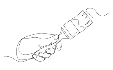 Obraz premium Continuous single line of hand holding flat painter brush for wall building painting and artistic drawing. Handyman equipment and painter tool editable stroke sketch drawing vector illustration