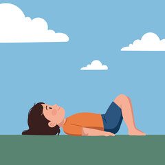Fototapeta premium A young boy lying on green grass under a bright blue sky with fluffy clouds in a flat vector illustration