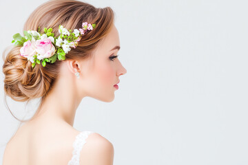 Naklejka premium Elegant bride with floral hair bun and soft pastel roses, romantic wedding hairstyle and beauty concept