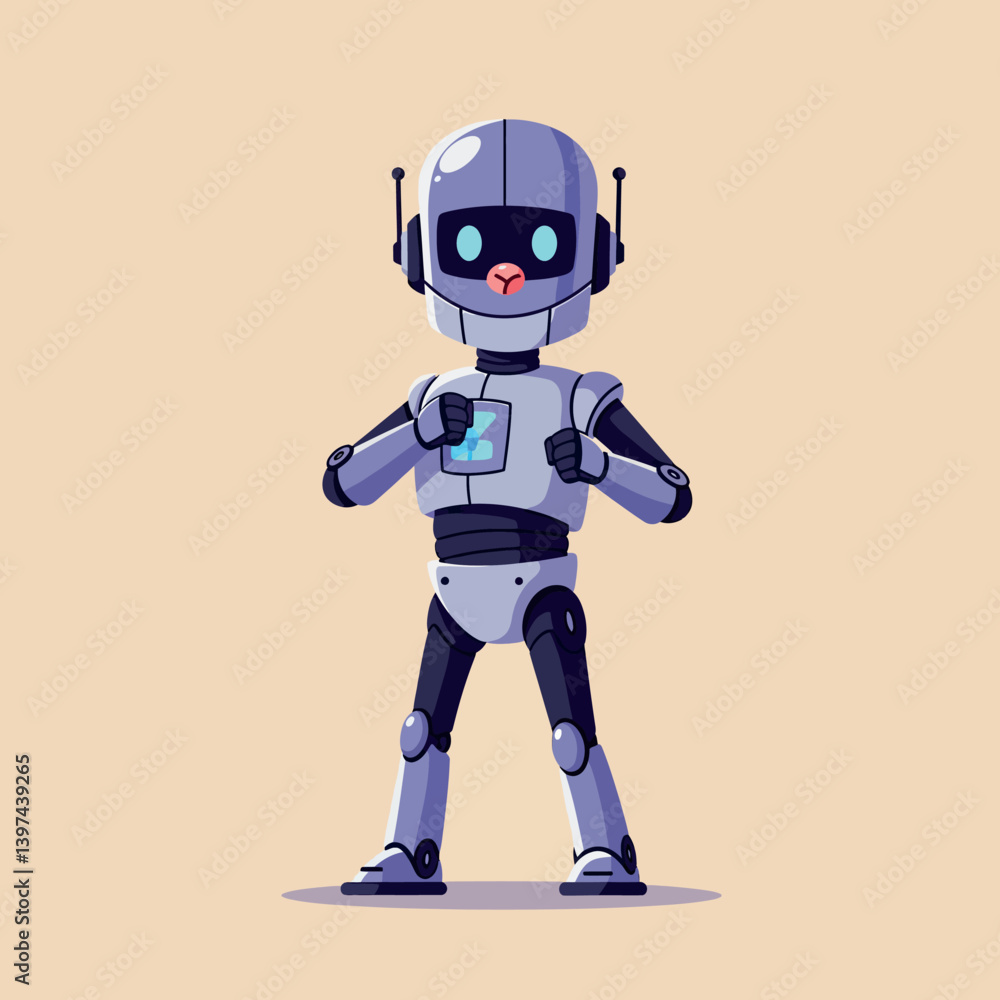 Poster friendly robot character in a minimal flat design, showcasing a confident pose and playful expressio