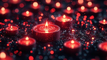 Many red candles glow softly, set amongst glittering specks on a dark surface