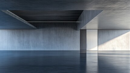 Obraz premium Modern concrete interior, empty space, sunlight through overhead structure, architectural visualization