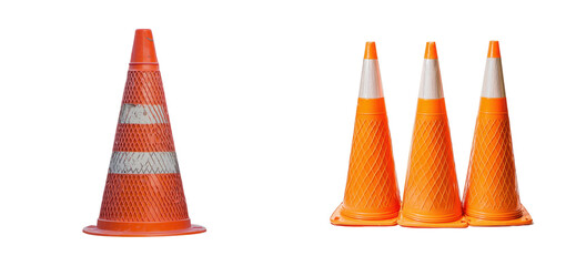 Arrangement of four orange traffic cones in line with reflective stripes, cut out - stock png