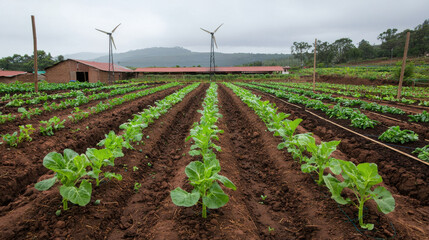 Obraz premium Green Energy Innovation Concept, vibrant vegetable farm with rows of leafy greens and wind turbines in background, Gardens and Green Spaces.
