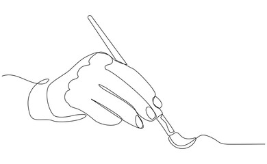 Continuous single line of hand holding flat painter brush for wall building painting and artistic drawing. Handyman equipment and painter tool editable stroke sketch drawing vector illustration