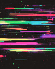 Futuristic glitch art pattern with vibrant horizontal neon lines on a dark background