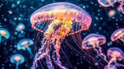Fototapeta premium Giant otherworldly jellyfish glows with neon lights in dark ocean surroundings