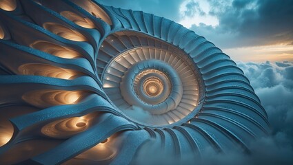 Obraz premium A spiral structure emerges from the clouds, illuminated by warm lights, creating a captivating visual. The surreal design contrasts with the moody sky as day transitions to night