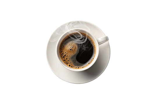 A top view of steaming cup of black coffee sits on a white saucer, isolated on a transparent background