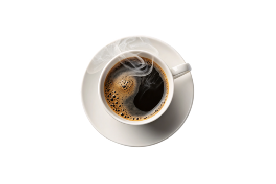 A top view of steaming cup of black coffee sits on a white saucer, isolated on a transparent background