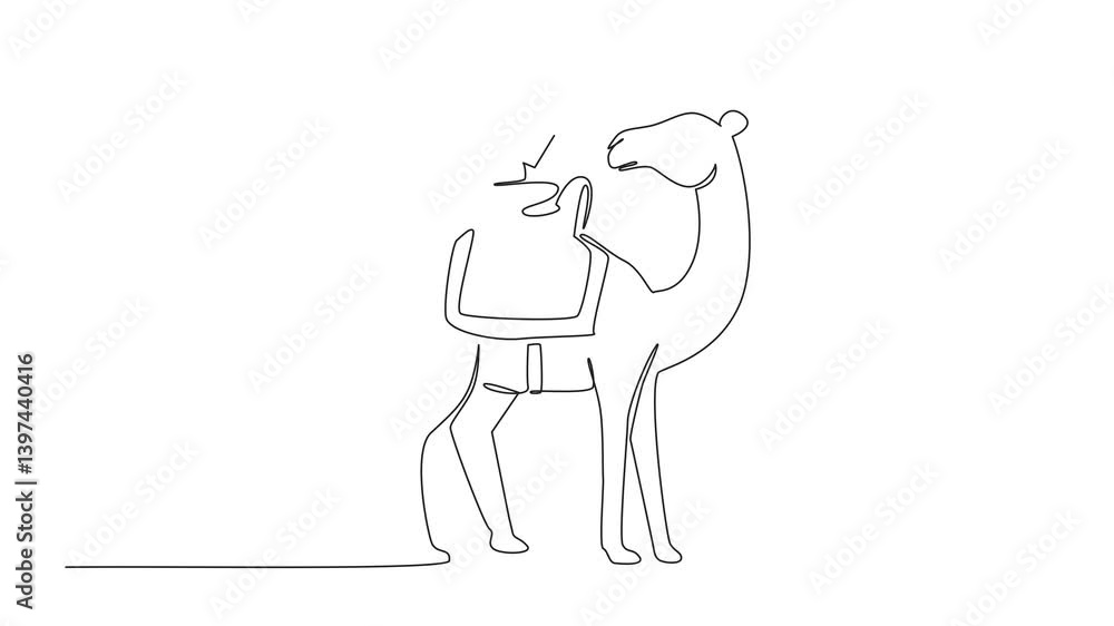 Poster animated self drawing of continuous one line drawing boy reading book on cute camel. find out main f