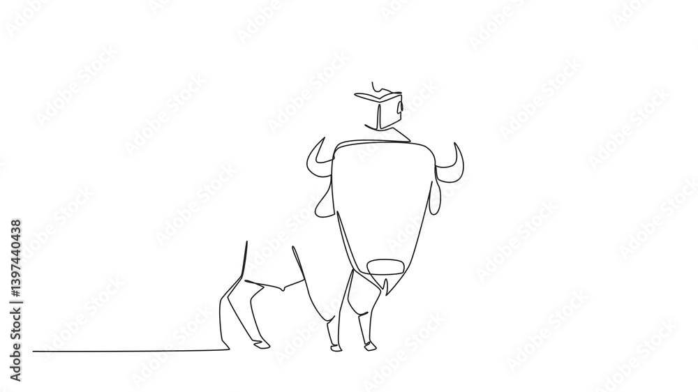 Poster animation of single continuous line drawing boy reading book on cute bison. breeding bison and then 