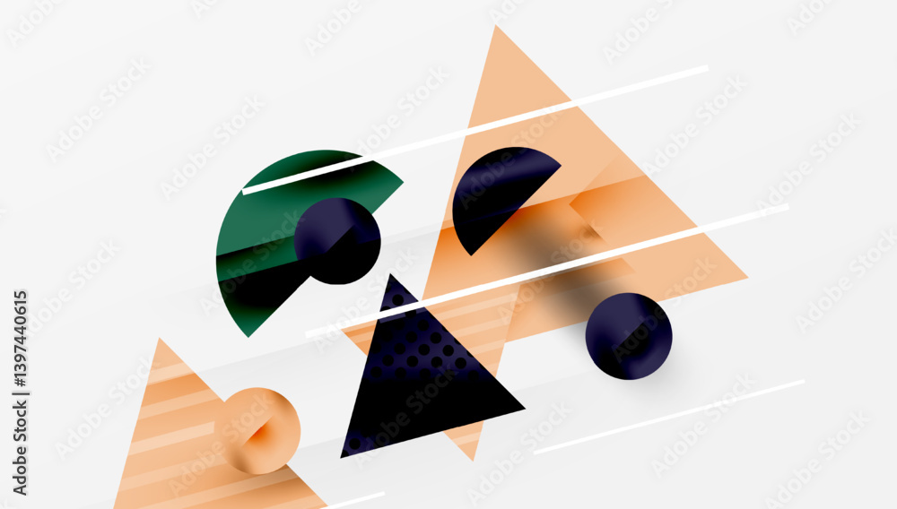 Aufkleber Abstract geometric composition. Overlapping shapescircles, trianglescreate dynamic visual interest. Warm orange contrasts cool dark blues, greens. Clean lines define forms, offering modern aesthetic.