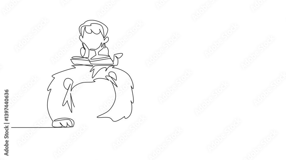 Poster animation of continuous one line drawing boy reading book on cute lion. symbolizing the importance o