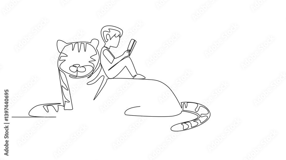Aufkleber self drawing animation of single continuous line drawing boy reading book on cute tiger. the student