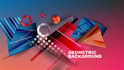 Abstract geometric composition. Overlapping shapes create dynamic visual effect. Red, blue, orange gradients dominate design. Modern, vibrant background suitable for various projects.