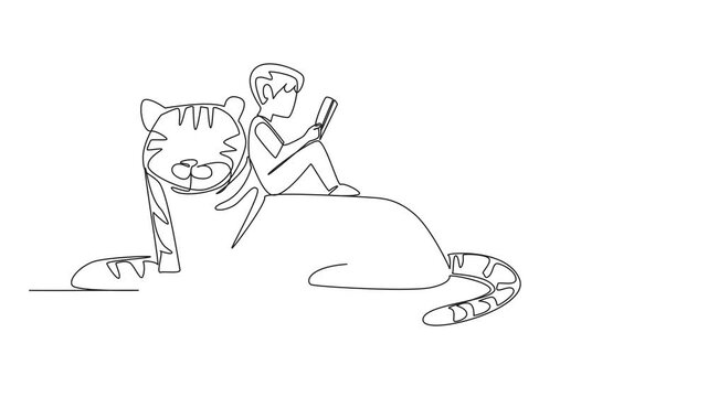 Self drawing animation of single continuous line drawing boy reading book on cute tiger. The student who is repeating the subject. Studying. Boy Reading Book at Animal Back. Full length animated