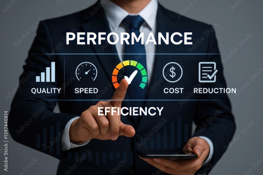 Poster business performance concept illustrating quality speed efficiency and cost reduction for effective 