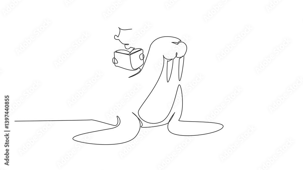 Poster self drawing animation of single one line drawing boy reading book on cute walrus. reading while pra