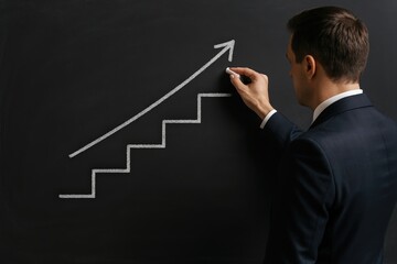 Business Growth Strategy Concept with Businessman Drawing Steps and Arrow on Chalkboard for Success Representation and Goal Achievement in Strategic Planning and Professional Development